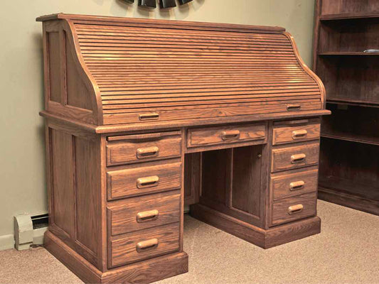Nathan Hale Furniture Oak Roll Top 6 Drawer  Desk