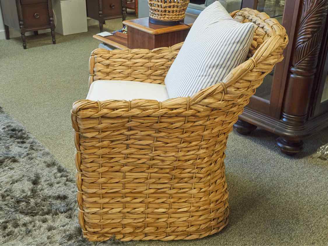 Serena & Lily Rattan Arm Chair with Striped Ottoman