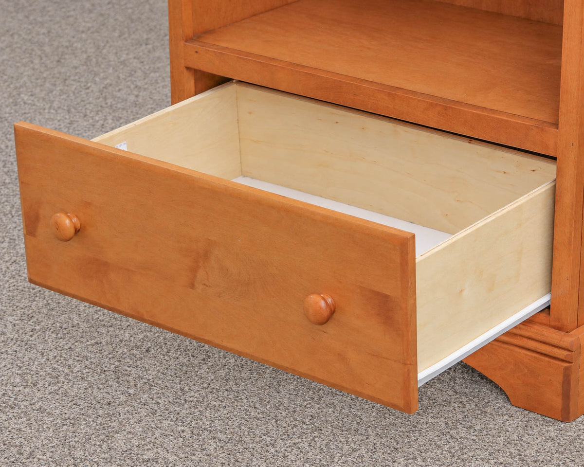 Birch Book Case In Warm Toned Wood & Arch Crown Top W/ Bottom Drawer