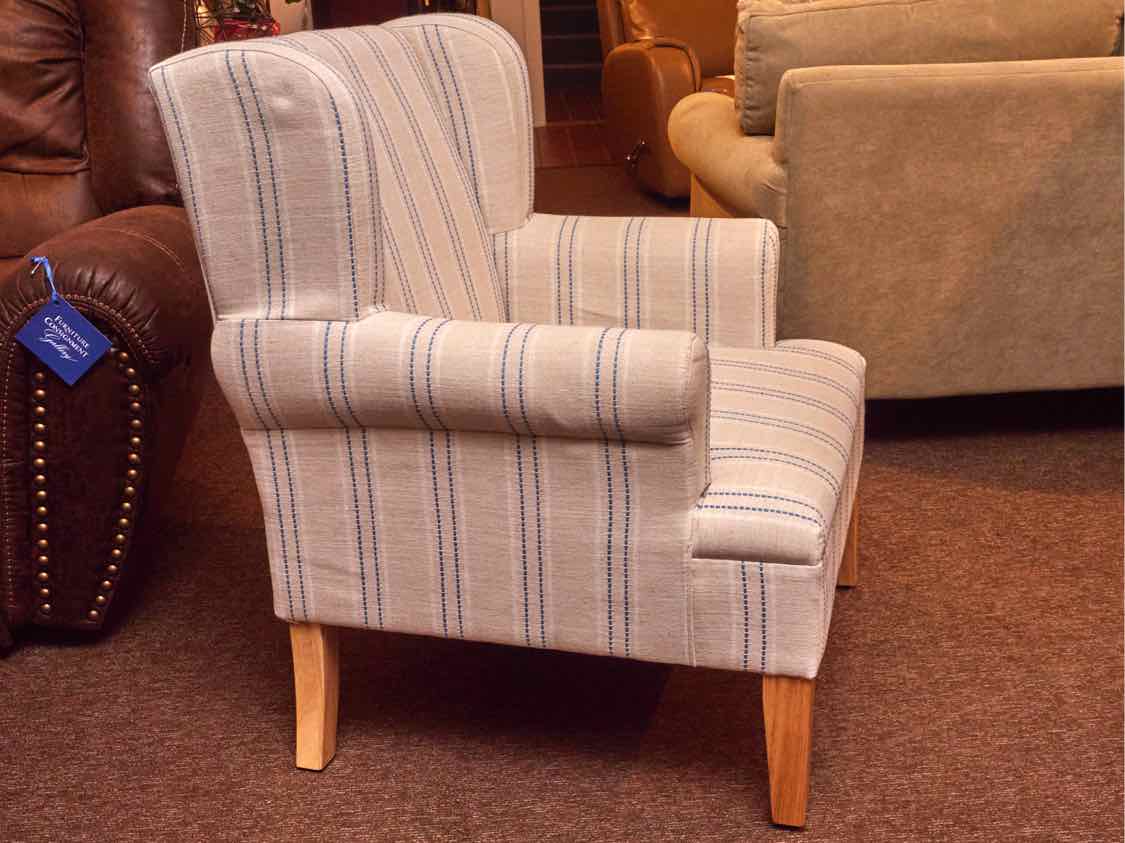 Tan, White & Blue Stripe Upholstered Accent Chair