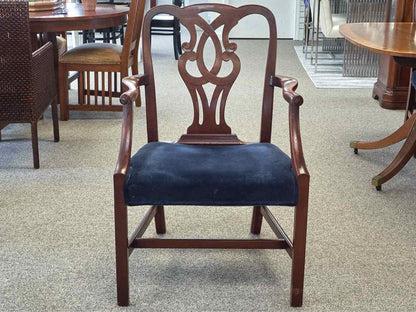 Set of 8 Carved Mahogany Dining Chairs with Dark Blue Velvet Seats