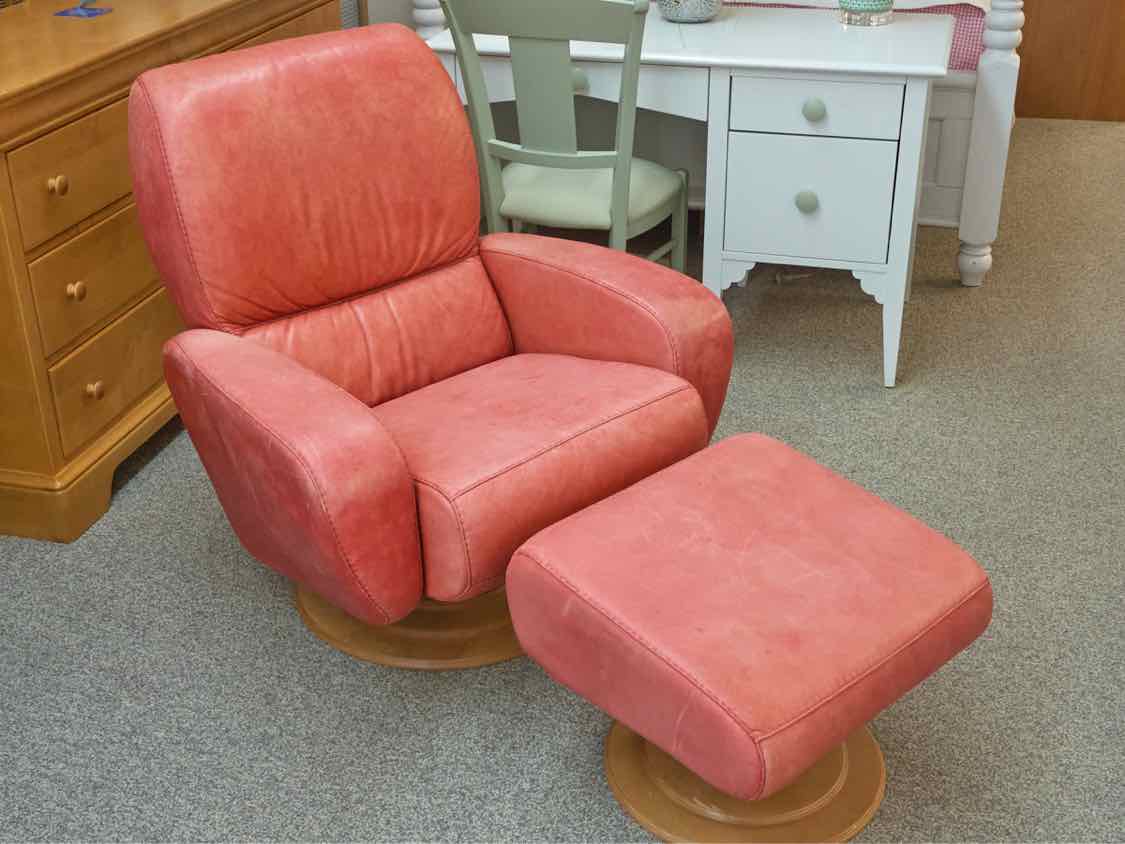 Coral Leather Recliner W/ Ottoman