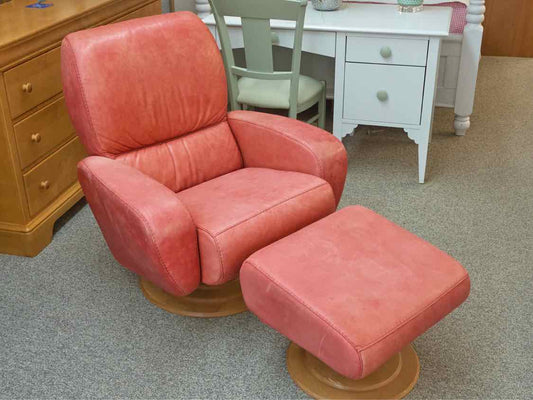 Coral Leather Recliner W/ Ottoman