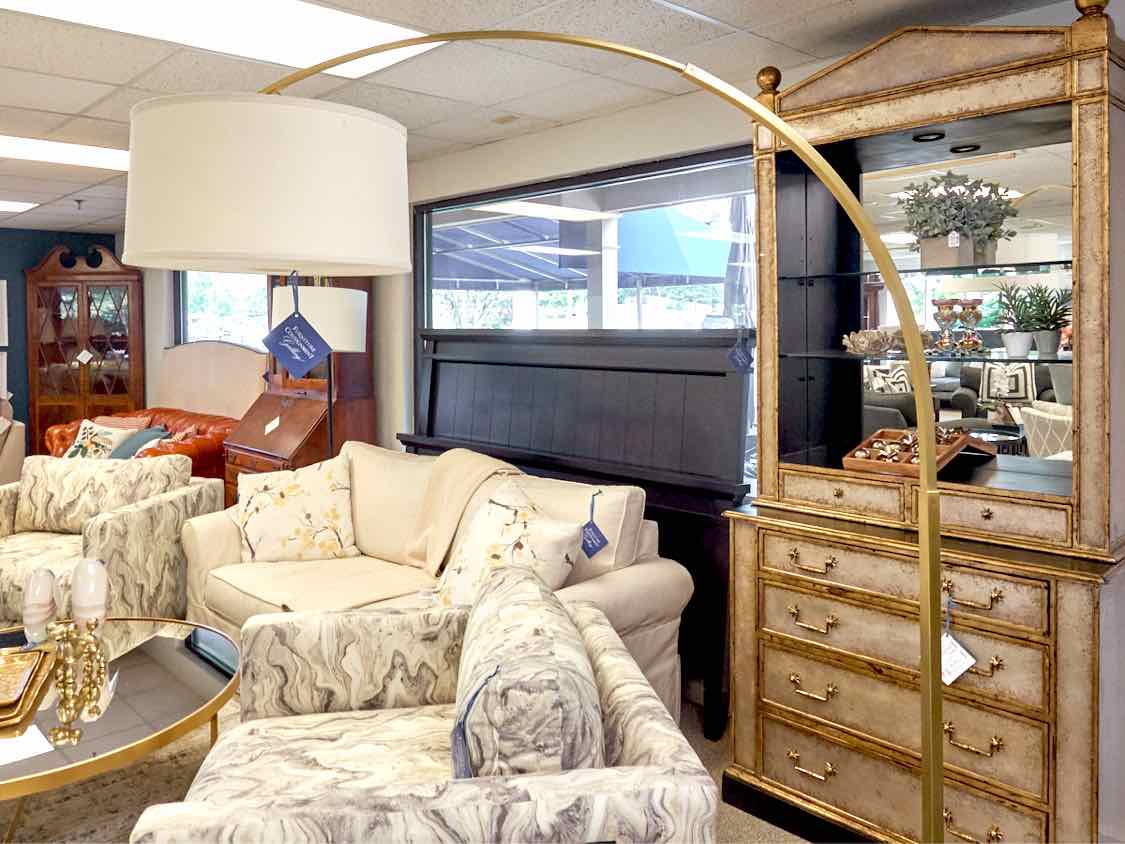 Arch Brass Finish Floor Lamp with White Stone Base and Drum Shade