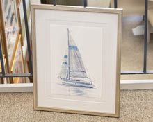 "Sailboat 2" Matted Print on Paper in Silver Beaded Frame