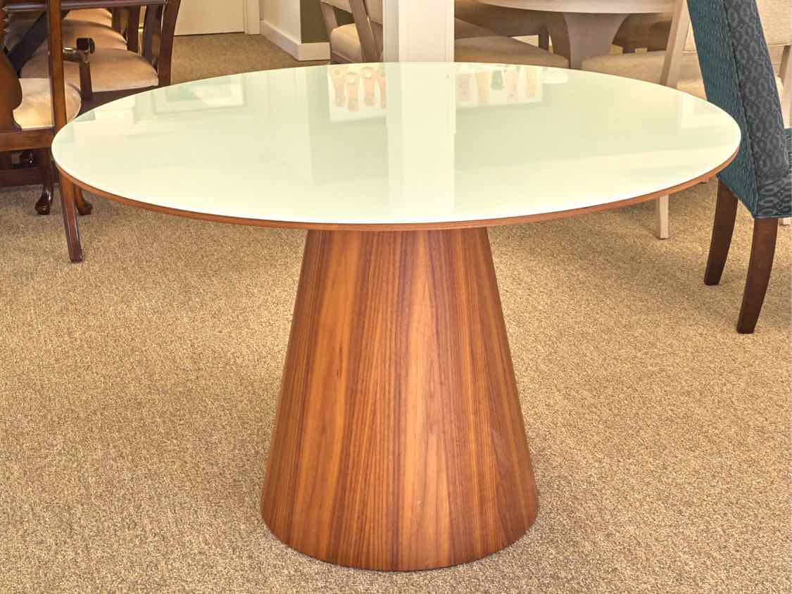 Winston Round Dining Table on Walnut Base with White Lacquer & Clear Glass Top