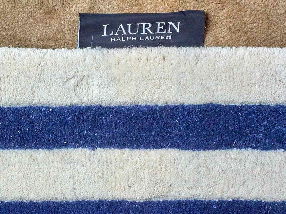 Ralph Lauren 100% Wool Area Rug in Ivory with Navy Blue Trim