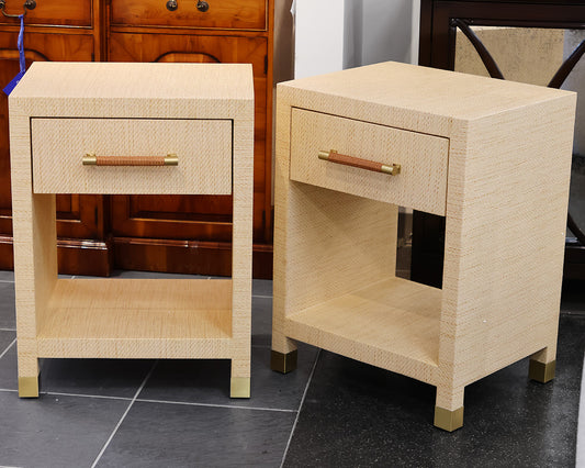 Pair of Worlds  Away Pelham Single Drawer Side Tables in Natural Grasscloth