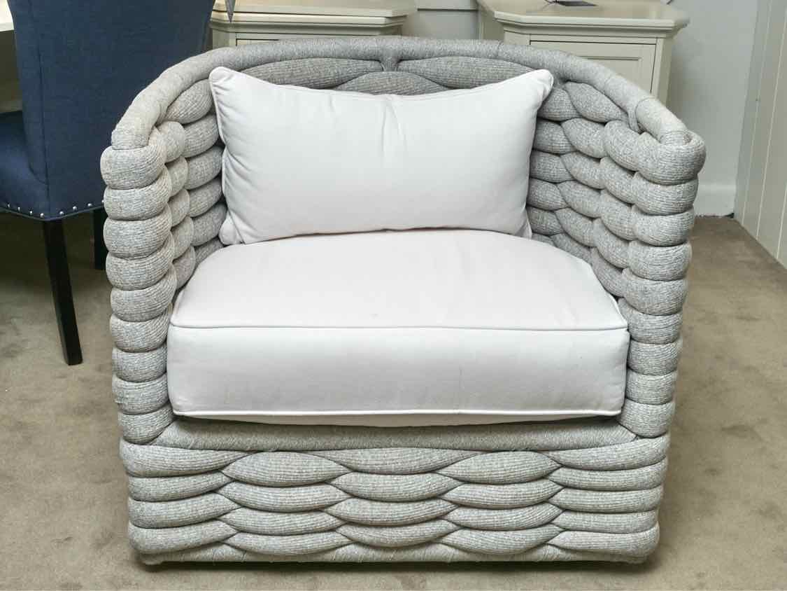Light Grey Woven  Upholstered Swivel Chair with Ivory Seat Cushion