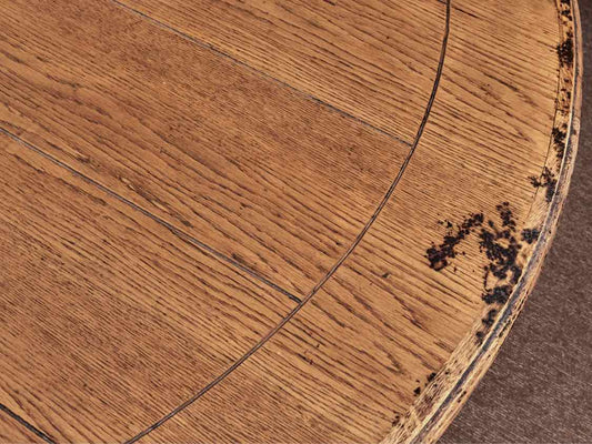 Distressed Finish Oak Round Black Finish Base Dining Table