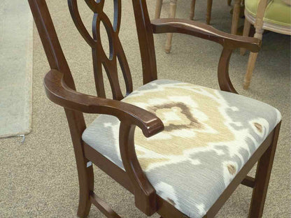 Set of 10 Mahogany Dining Chairs with Ikat Seats in Grey, Tan & Cream