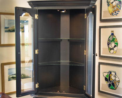 Canadel Black Distressed Corner Cabinet Featuring Glass Display Doors