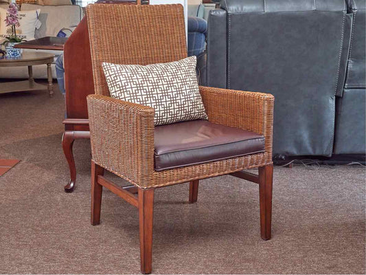 Pair of Ethan Allen' Shiloh' Wicker Arm Chairs with Bonded Leather Seat Cushion