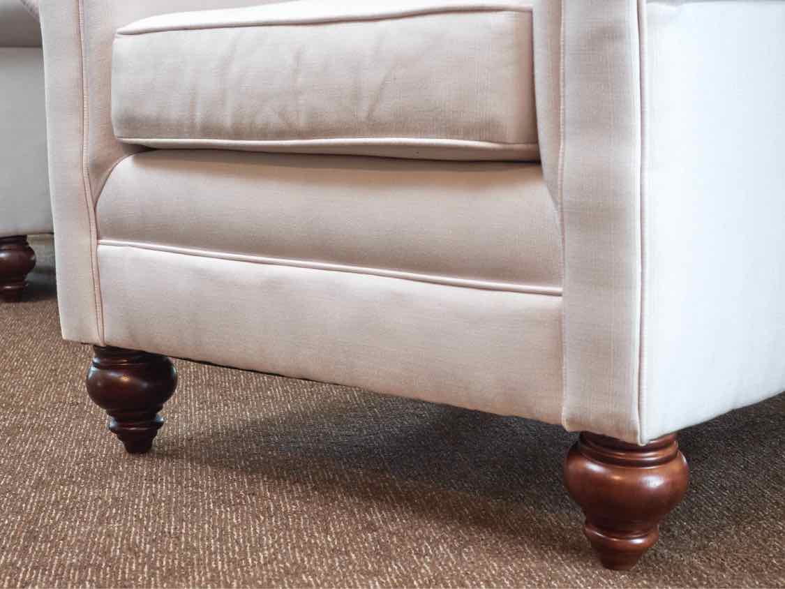 Pair Of White Sunbrella Upholstered Rolled Arm Chairs & Ottoman