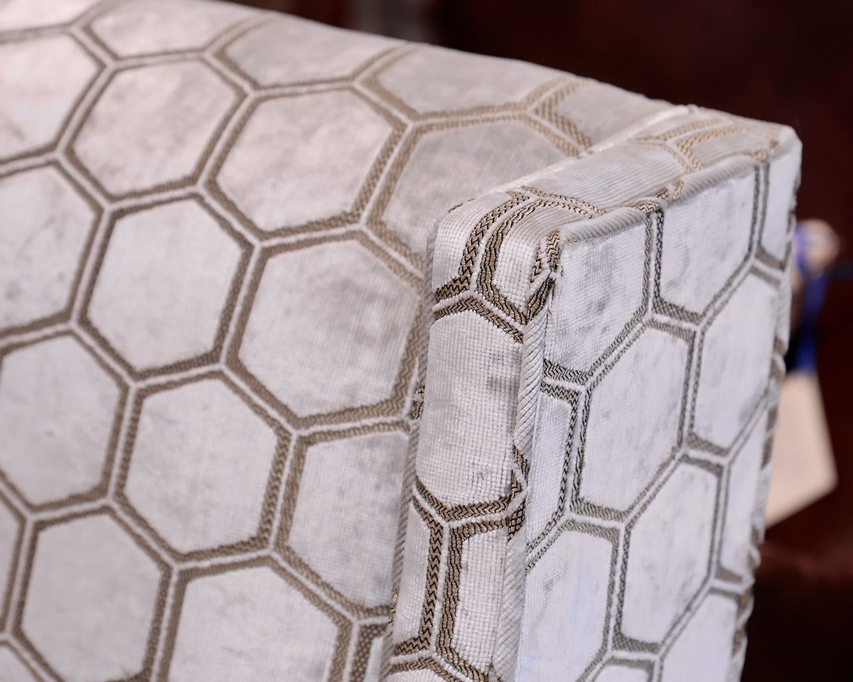 Geometric Patterned Sloped Arm Chair and Matching Ottoman