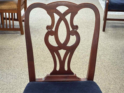 Set of 8 Carved Mahogany Dining Chairs with Dark Blue Velvet Seats