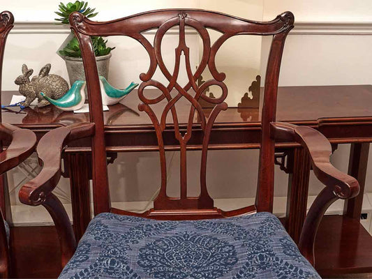 Pair of Mahogany Chippendale  Arm Dining  Chairs with Blue Damask