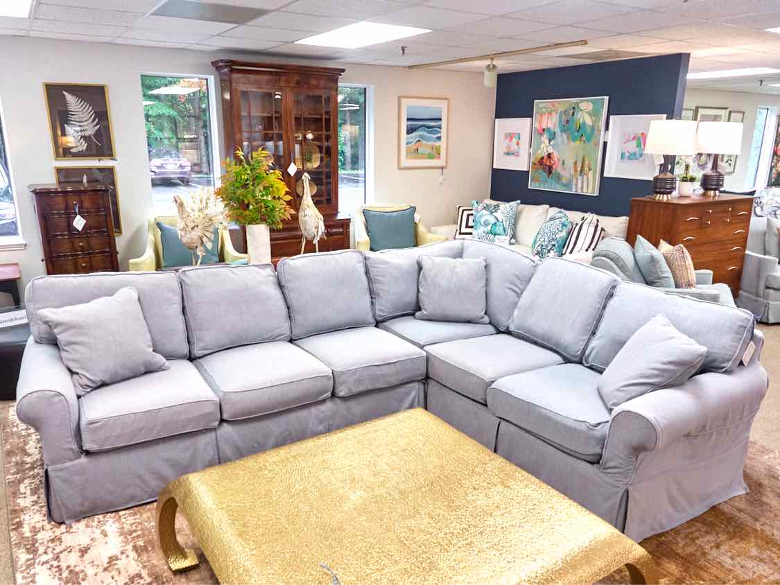 Rowe Slipcover Roll Arm Sectional in Blue