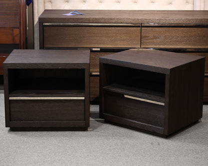 Pair of Restoration Hardware Bezier 26" Open Nightstands in Brown Oak & Steel