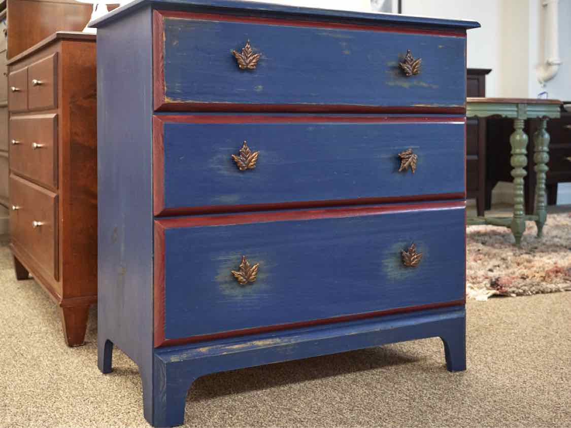 Three Drawer Blue Rub Through Chest W/ Red Accents