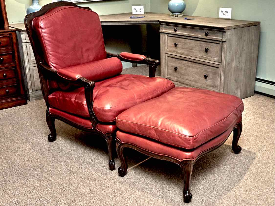 Pomegranate Red  Leather Bergere  Style Chair & Matching Ottoman