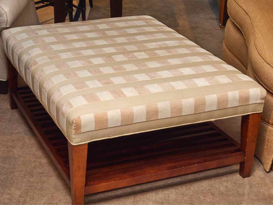 Custom Upholstered In  Ivory,Beige & Taupe Dark Stained Legs  Ottoman