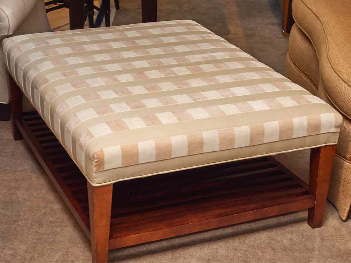Custom Upholstered In  Ivory,Beige & Taupe Dark Stained Legs  Ottoman