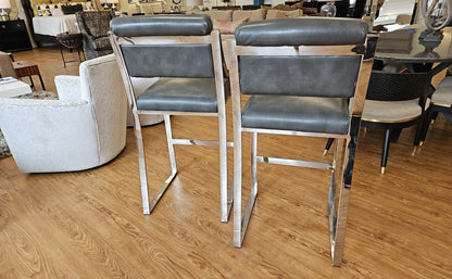 Pair of Sunpan Grey Leather Barstools