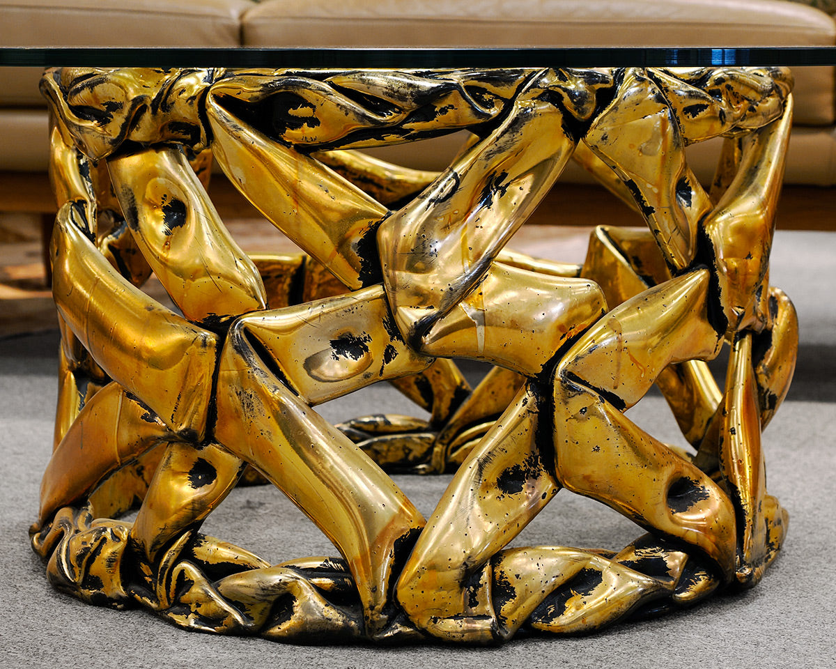 Round Glass Top Cocktail Table With Brutalist Gold Base
