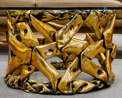 Round Glass Top Cocktail Table With Brutalist Gold Base