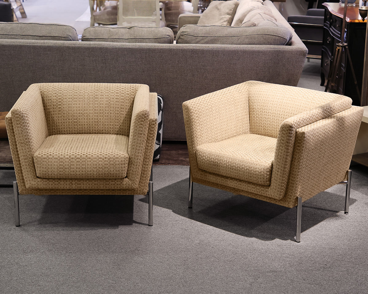 Pair of Brueton MCM Chairs in Beige Basket Weave Upholstery