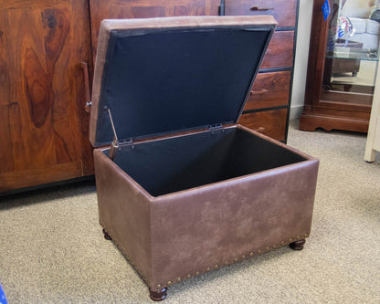Pair of Faux Leather Tufted Storage Ottomans in Coffee with Nailhead Trim