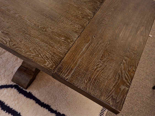 Arhaus 'Kensington' Weathered Oak Trestle Double Pedestal  Dining Table
