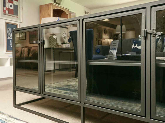 Crate & Barrel Black Metal Casement Bar Cabinets with 4 Glass Doors