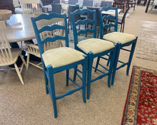 Set of 3 Ethan Allen Peacock Blue Finish Bar Stools with Upholstered Seats