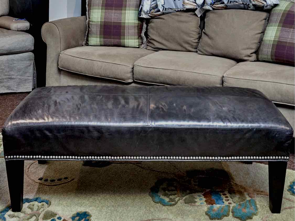 Grey Blue Leather Nailhead Trim Black Finish Legs Ottoman