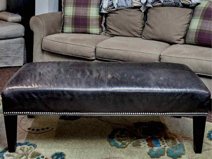 Grey Blue Leather Nailhead Trim Black Finish Legs Ottoman