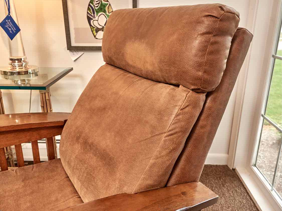 Best Chairs Inc  Mission Style Suede Upholstered Cushions Stained Ash Recliner