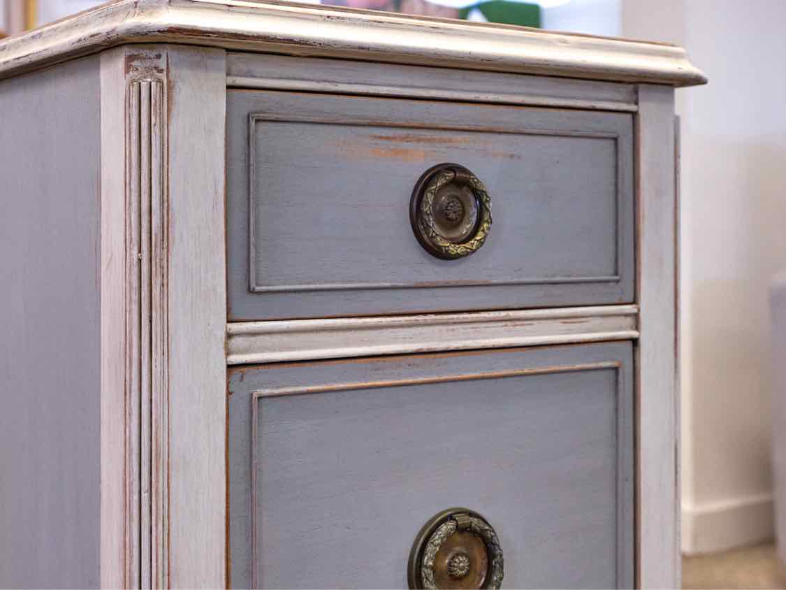 Pair of Rustic Narrow Nightstands in Blue & Grey