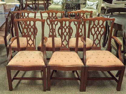 Set of 6 Chippendale Dining Chairs in Cherry with Pale Coral Bee Fabric Seats