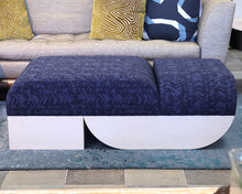 Contemporary S Ottoman with Flocked Navy Upholstery on White Finish Oak Base