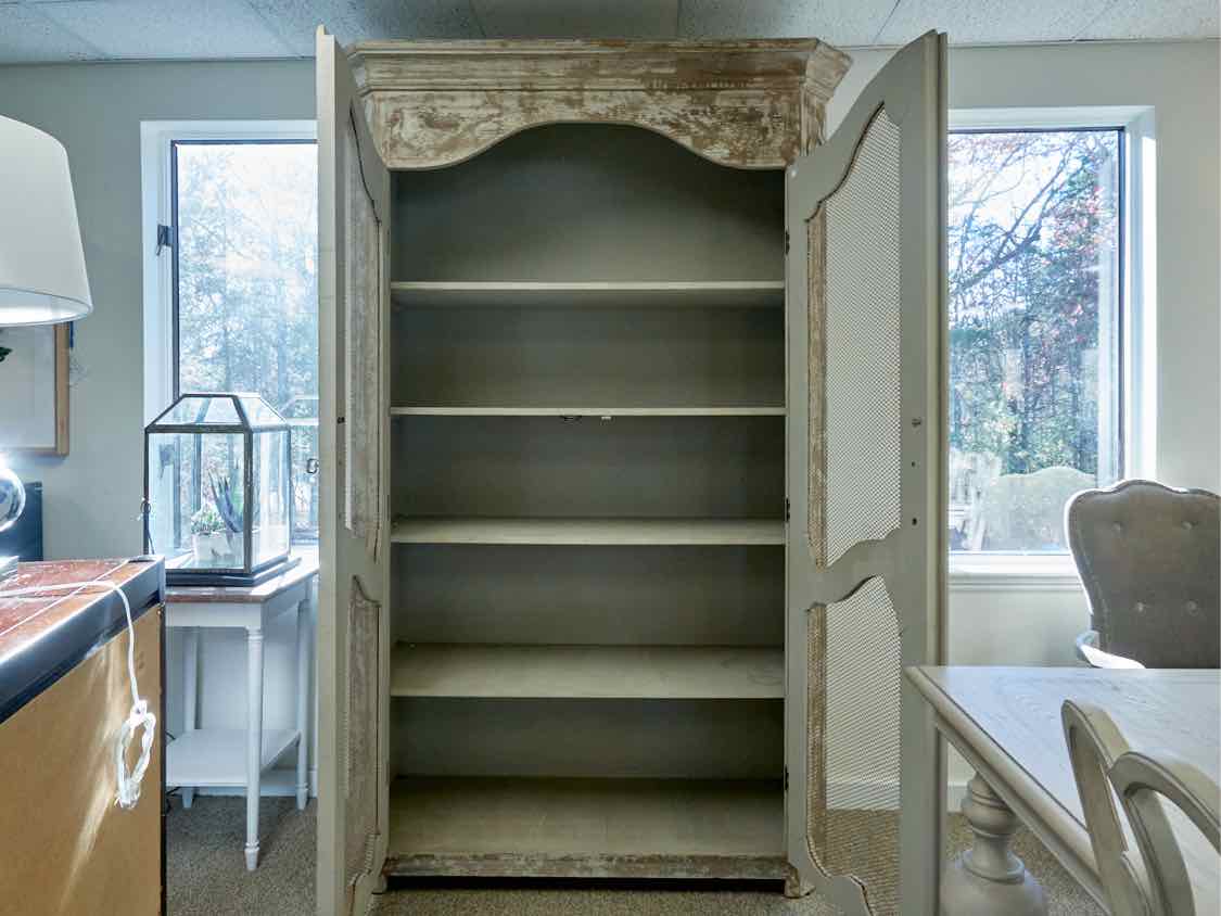 Rustic French Inspired Display Cabinets in Grey Finish with Wire Mesh Doors