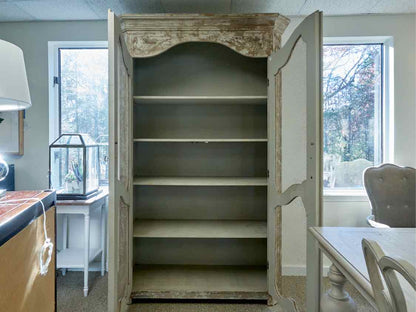 Rustic French Inspired Display Cabinets in Grey Finish with Wire Mesh Doors
