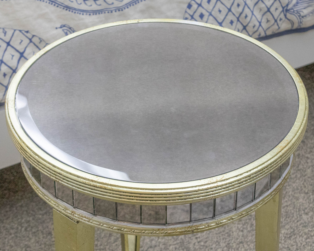 Basset Round Mirrored Regency Side Table with Gold Trim