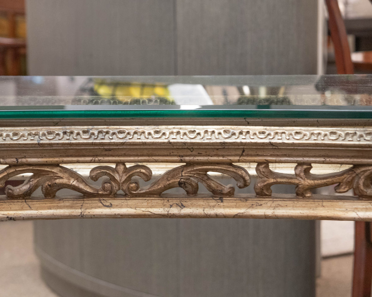Ornate Silver-Gold Console Table with Glass Top