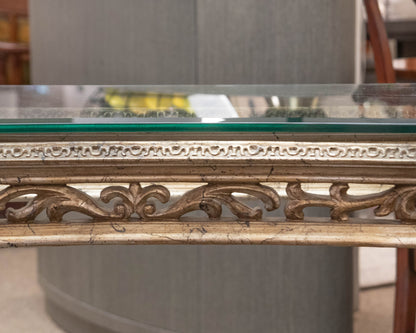 Ornate Silver-Gold Console Table with Glass Top