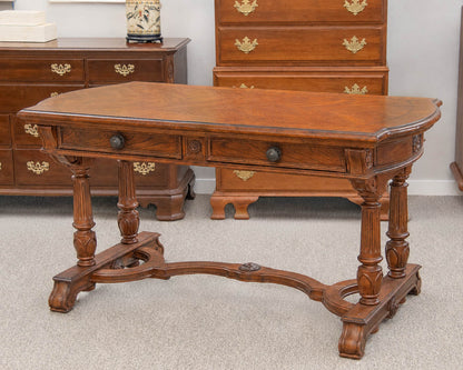 Broyhill Warm Brown Writting Desk W/Inlaid Table Top & Carved Trestle Leg Base
