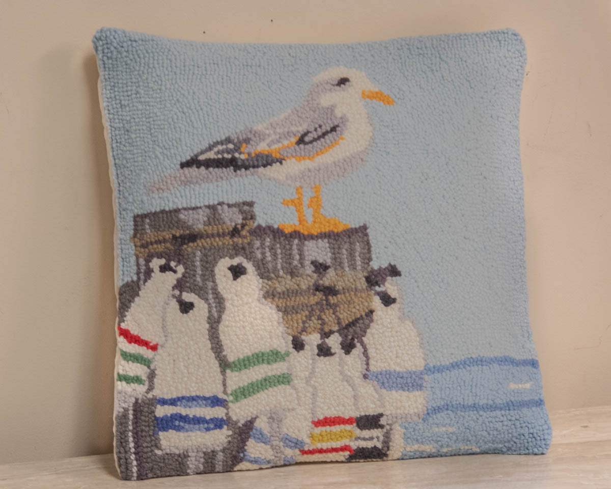 Sea Gull on Pier with Buoys Accent Pillow