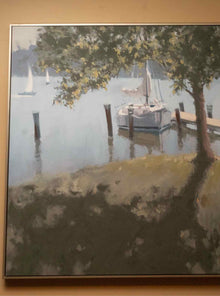 'Shade Trees & Dock" Giclee Painting In Brushed Gold Frame