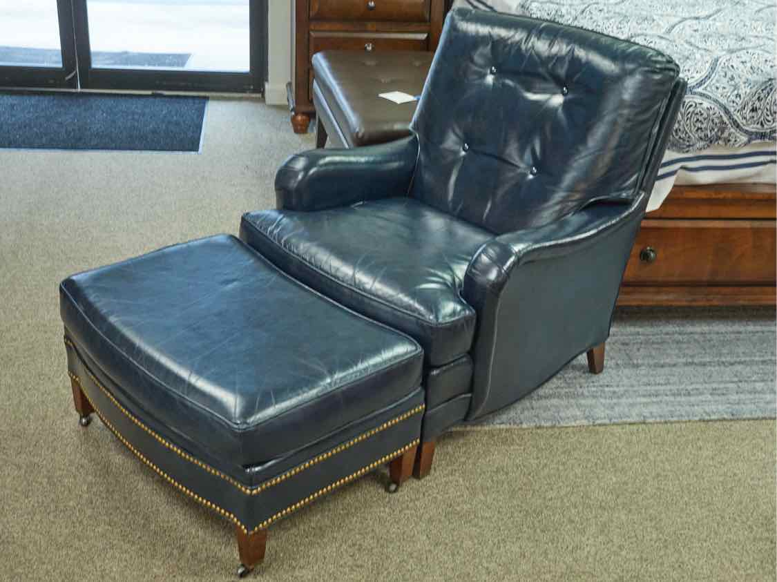 North Hickory Blue Leather Chair and Ottoman